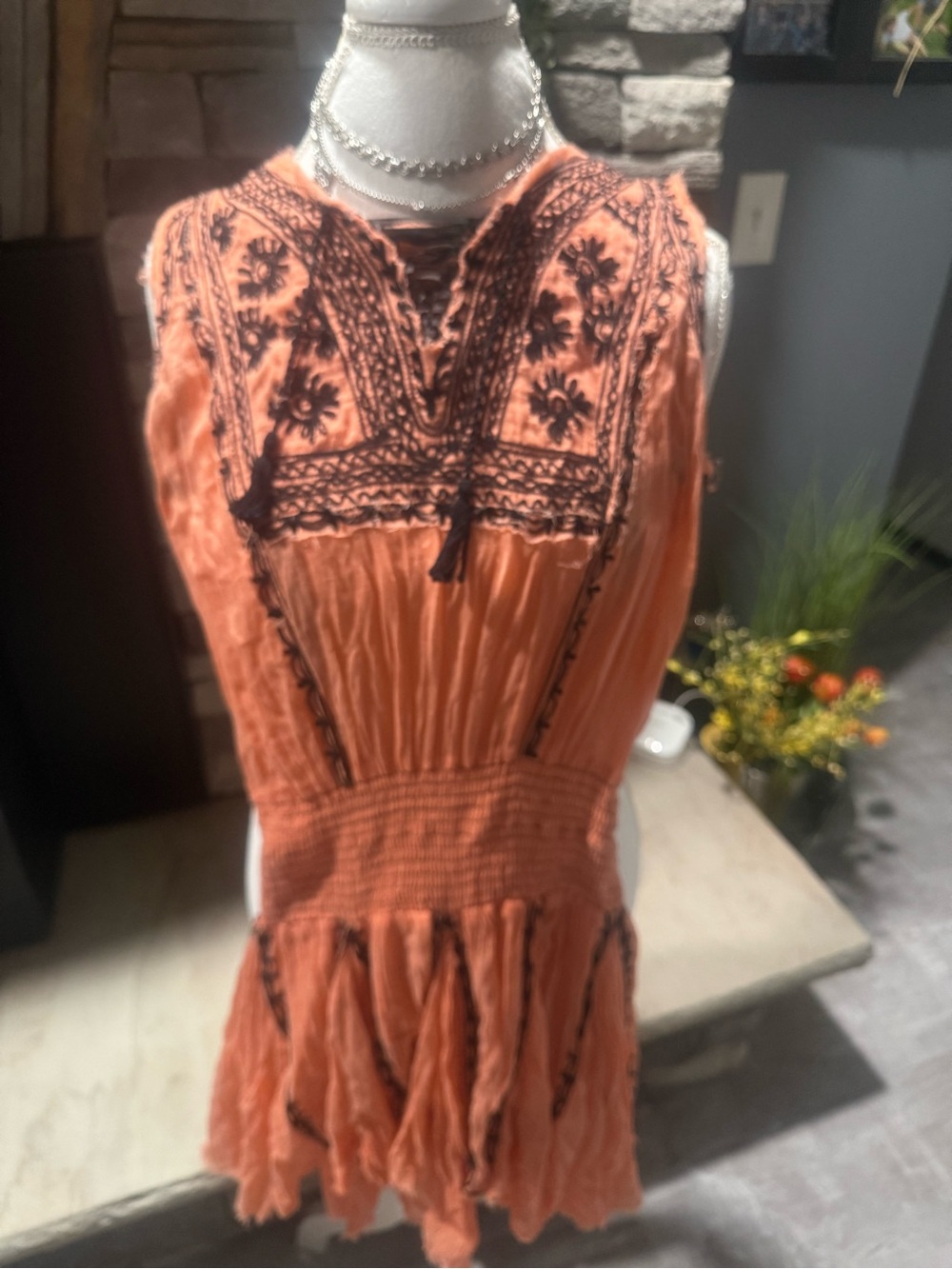 Free People Orange Sleeveless Embroidered Mini Dress